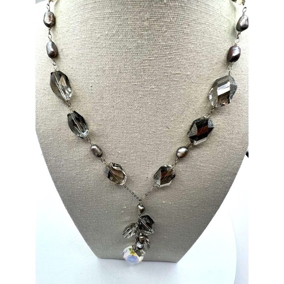 925 Sterling Silver Necklace With Swarovski Crystals & Grey Pearls.  A60 - Picture 6 of 13